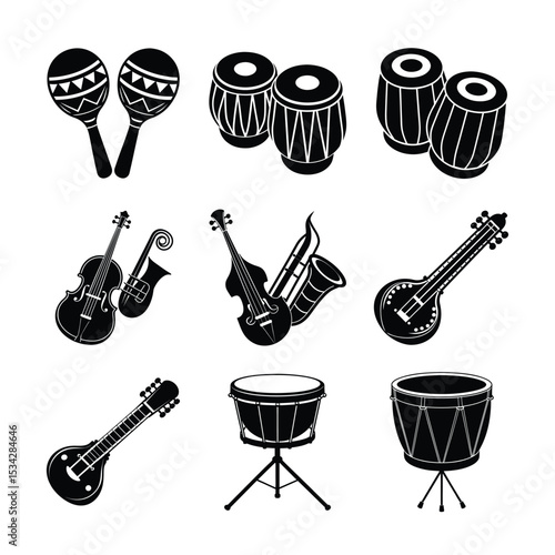 Creative set of black music instrument shapes for designers Silhouette vector illustration