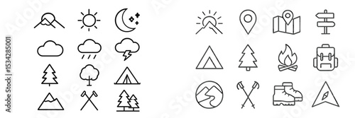Vector flat illustration of outdoor elements including mountains, camping gear, and weather symbols in a simple design