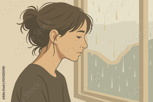 Sad woman sitting by rainy window symbolizing reflection and mental health melancholy