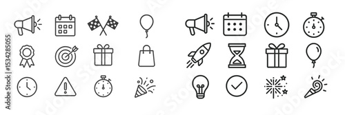 Vector flat illustration of various celebration and event icons in a simple, modern design featuring balloons, timers, and festive elements