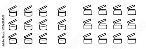 Vector flat illustration of various containers with lids arranged in two groups showcasing different designs and shapes