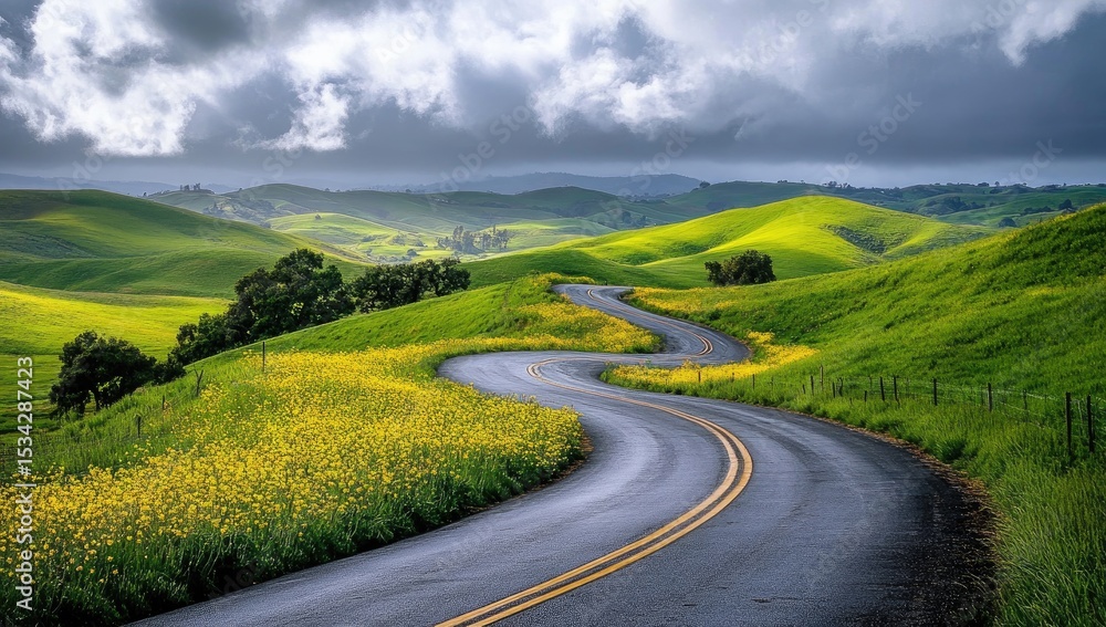 Naklejka premium Winding road through rolling hills bathed in sunlight