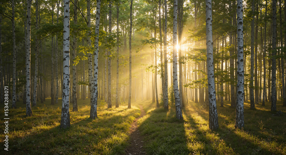 Fototapeta premium Sunlight streaming through birch trees in a serene forest pathway