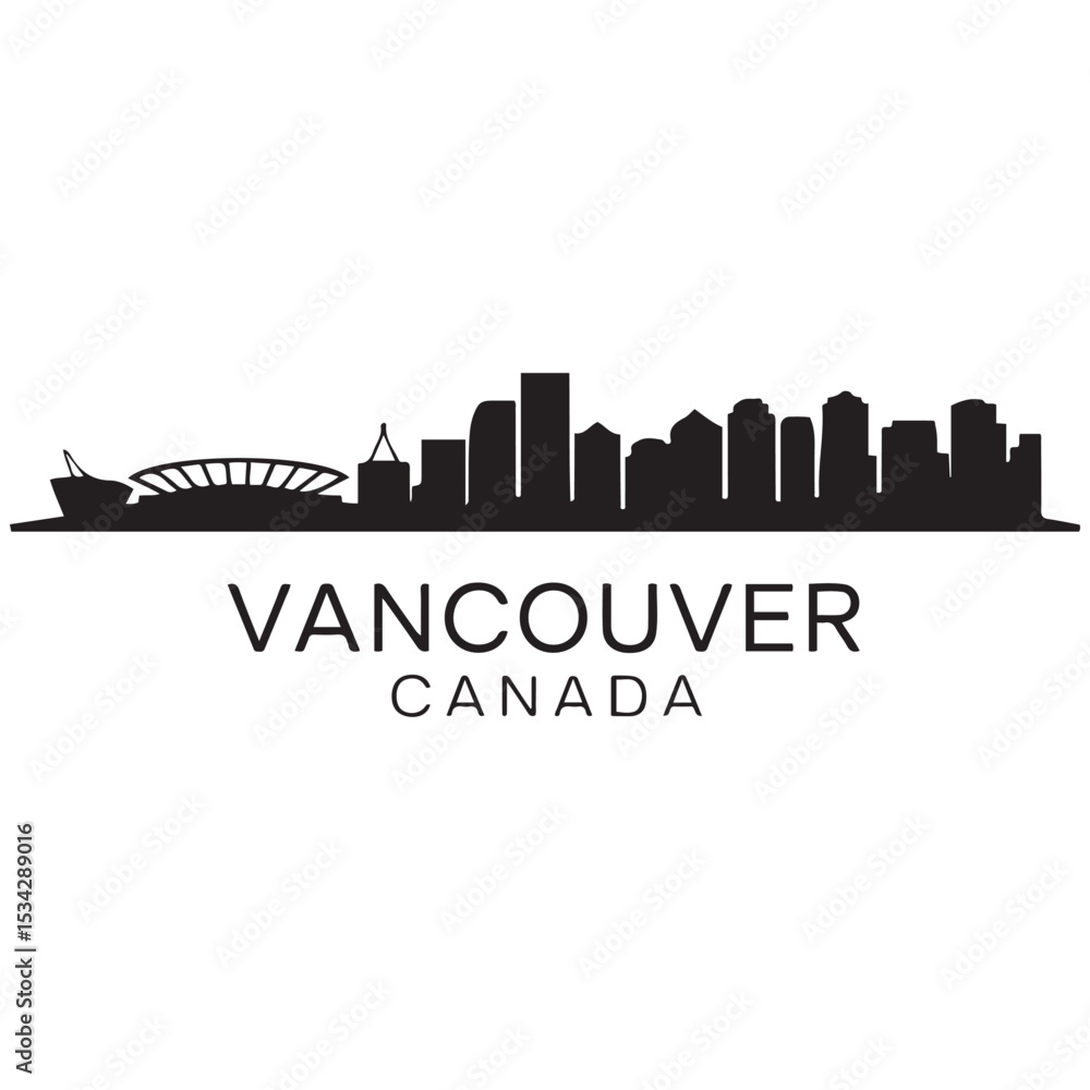 Obraz premium Vancouver city skyline horizontal banner. Vancouver city, Canada. Vector template for your design. Vector black silhouette. with white background