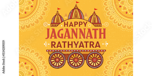 Happy Jagannath Rath Yatra celebration with colorful chariots and traditional Indian motifs on a festive yellow background honoring Indian culture