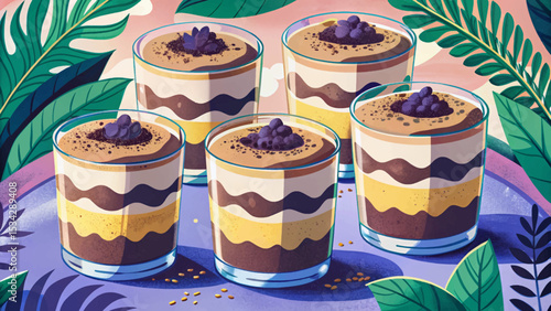 Layered tiramisu in elegant glass cups topped with cocoa powder delicious Italian dessert vector illustration perfect for menus, recipe cards, cafes, and patisserie branding
