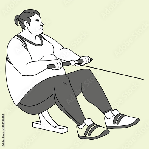 Plus size woman rowing machine workout illustration
