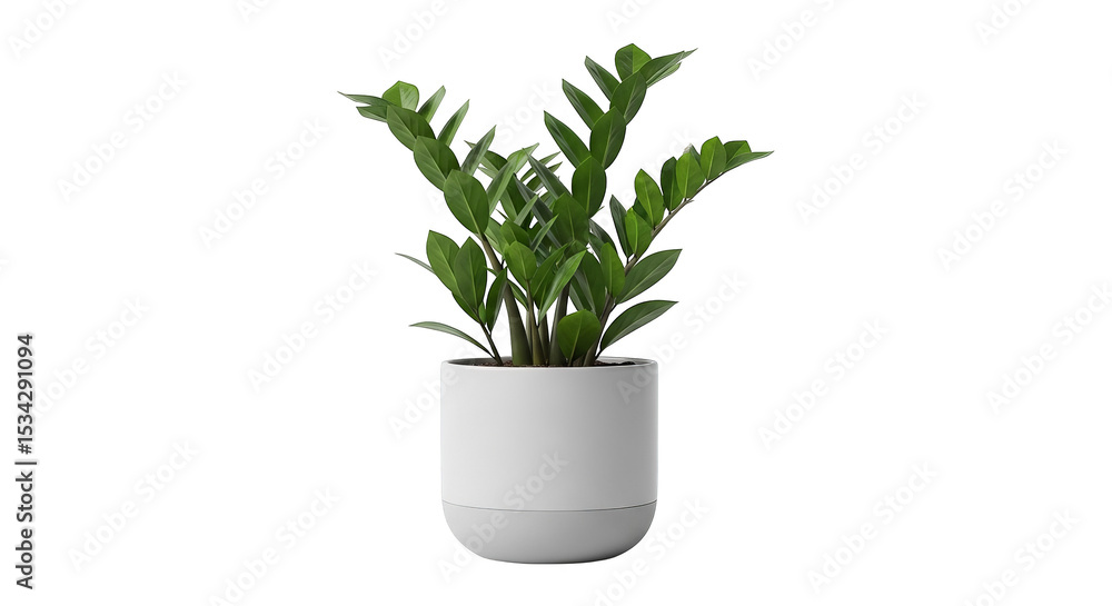A vibrant ZZ plant, potted in a sleek white cylindrical container on a stark black background. A vibrant ZZ plant, potted in a sleek white cylindrical container on a stark black background.