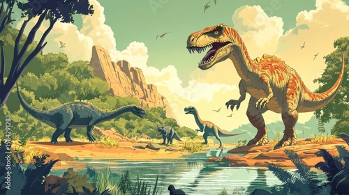 Fototapeta Naklejka Na Ścianę i Meble -  Prehistoric landscape with various dinosaurs near a watering hole, under a sunny sky.