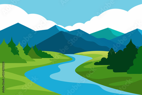 Serene river valley landscape illustration