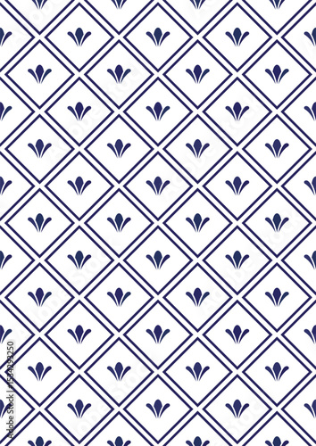 Vector seamless pattern Navy Blue Tile, Lisbon Arabic Floral Mosaic, Mediterranean