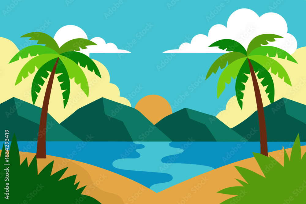 Obraz premium Tropical sunset landscape with palm trees and mountains