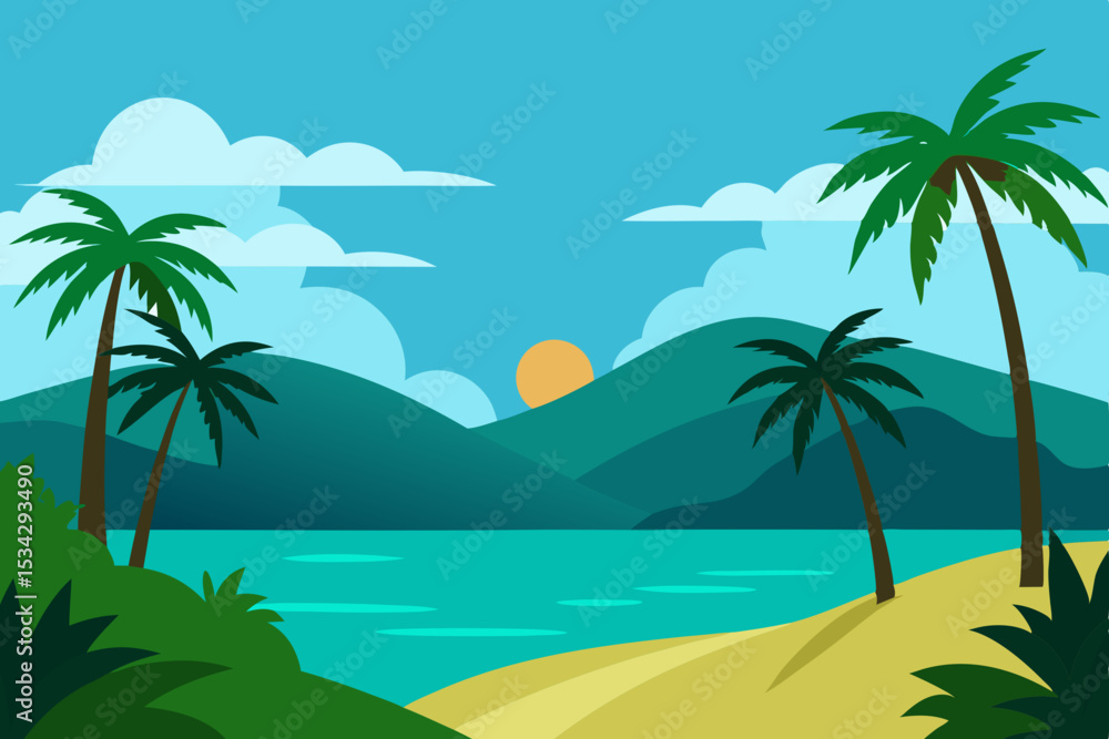 Obraz premium Tropical sunset landscape with palm trees and mountains