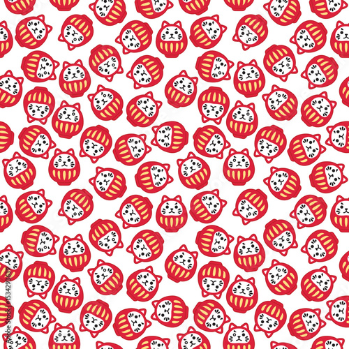 Seamless pattern Daruma doll, traditional Japanese amulet vector illustration, Red theme background