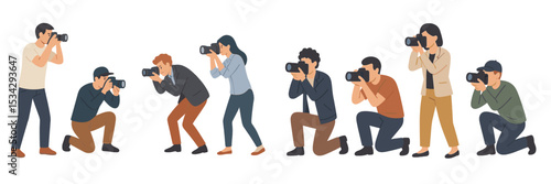 Professional photographers capturing moments in a vibrant urban setting during a sunny afternoon