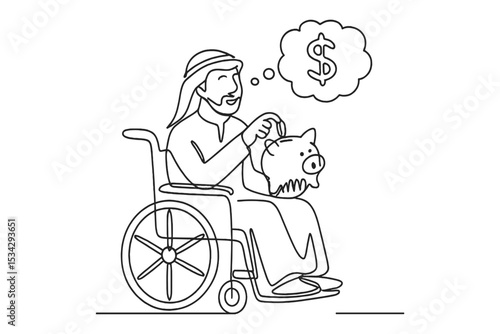 Person in wheelchair considering savings with piggy bank in thought bubble at home