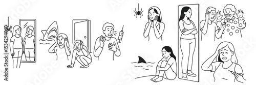 Fear manifests in various forms as seen in a series of illustrations depicting common phobias and anxieties