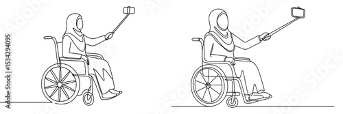 Person in wheelchair taking selfie with a smartphone in a casual setting during daytime