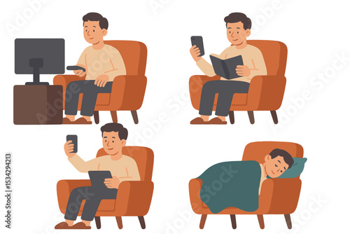 Man engaging in various relaxing activities at home during the evening
