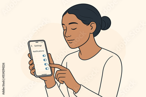 Woman disabling phone notifications practicing mindful digital detox for mental health