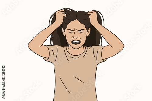 Angry girl pulling hair expressing stress overload and mental health crisis