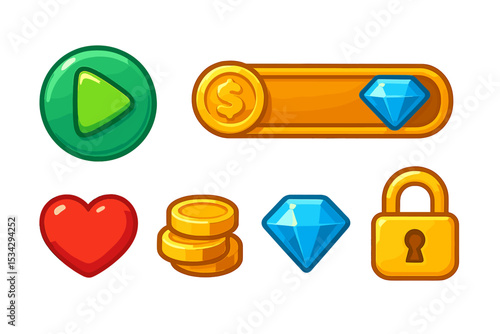 Variety of colorful gaming icons including play button, currency, and collectibles for engaging user interfaces in gaming design