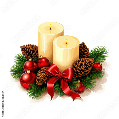 Christmas candles with pine cones and ornaments decorated with ribbon  
