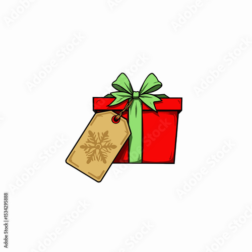Red gift box with green ribbon and tag featuring snowflake design  