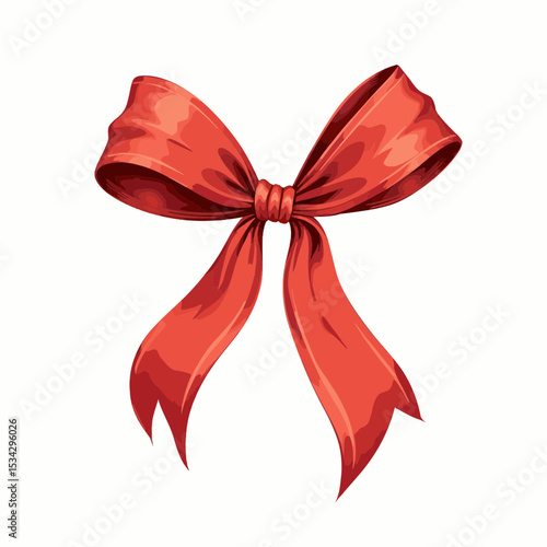 Red decorative ribbon bow with flowing tails on white background  