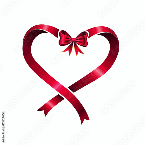 Red ribbon heart shape with a bow in a minimalist style  
