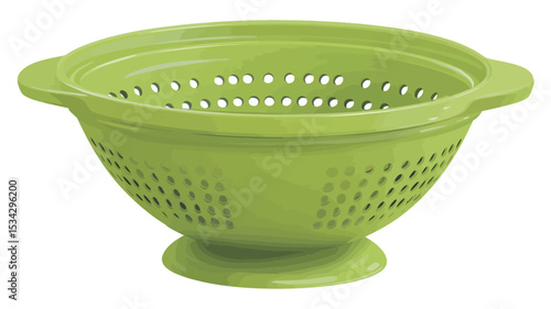 A high-angle, full shot of a lime green plastic colander. The colander is bowl-shaped with two handles on either side and a small, footed base.  The bowl is perforated with numerous small, evenly