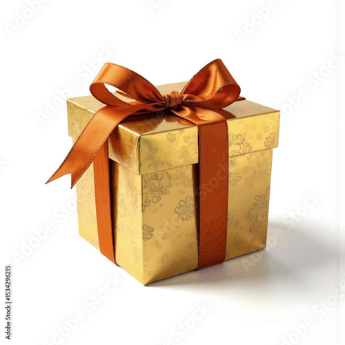 Elegant golden gift box with orange ribbon on white background  