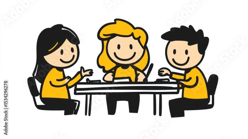 Three cartoon characters seated around a table, discussing