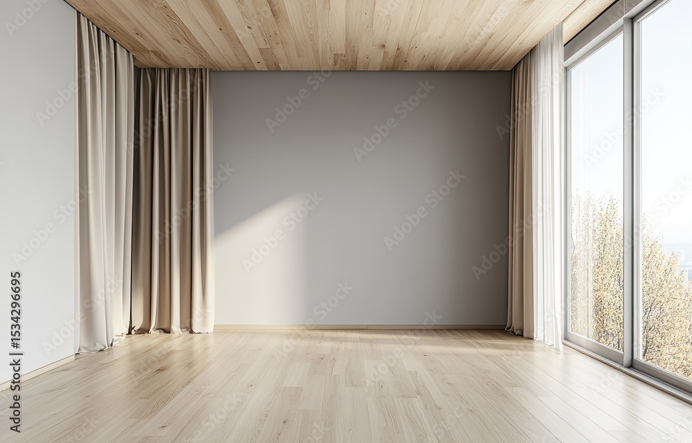 Fototapeta premium Empty room with wooden accents and large windows