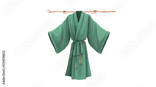 A digital illustration depicts a sage green kimono-style robe hanging from a small, light brown branch against a plain white background. The robe has wide sleeves, a self-tie belt, and a simple,