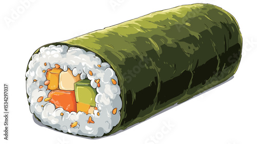 A digitally rendered illustration of a maki sushi roll. The roll is cylindrical and wrapped in a sheet of nori seaweed. The visible filling consists of white rice, pieces of orange salmon or