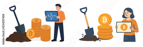 Digital currency miners engage in cryptocurrency transactions while showcasing mining equipment and Bitcoin stacks