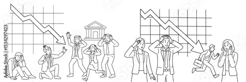 Business professionals reacting to economic downturn during a financial crisis in a corporate environment