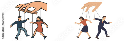 Two puppets controlled by hands perform a dance in a playful representation of manipulation and control in an artistic style