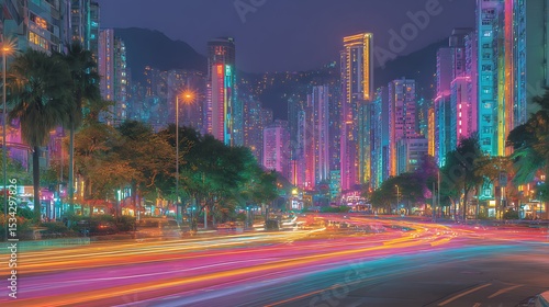 Wallpaper Mural Hong Kong Night Cityscape with Light Trails, and Urban. Torontodigital.ca