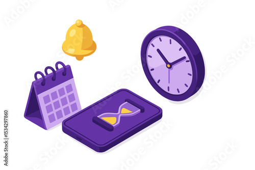 Colorful purple clock, calendar, and hourglass representing time management and organization for daily tasks and schedules