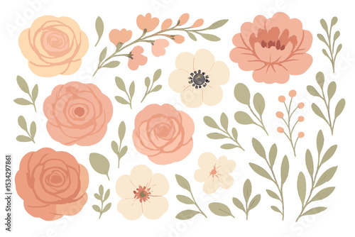 Floral collection of pastels featuring roses and foliage in soft hues suitable for decorative design projects