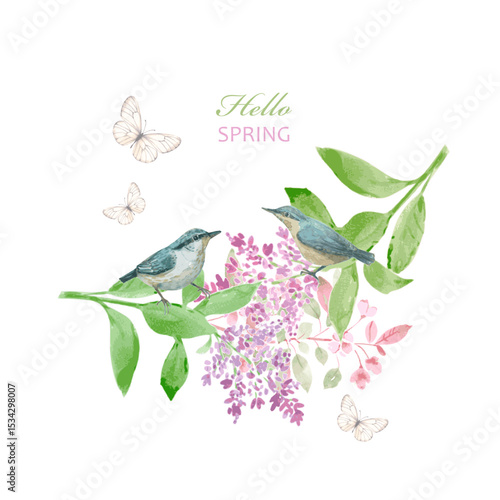 watercolor couple of birds perching on Syringa and crab apple blooming branches and flying butterflies. isolated arrangement of flowering woody plants lilac, crabapple with avian