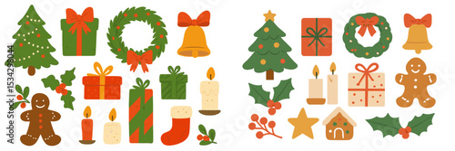 Christmas decorations and festive elements featuring trees, gifts, and treats in a colorful holiday arrangement