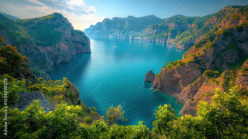 Fototapeta premium Turquoise bay surrounded by lush, steep cliffs
