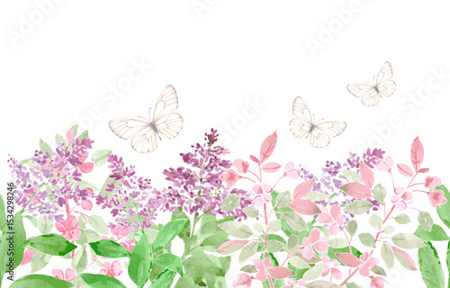 seamless border with watercolor Syringa and crab apple blooming branches and flying butterflies. isolated horizontal frame of flowering woody plants lilac, crabapple