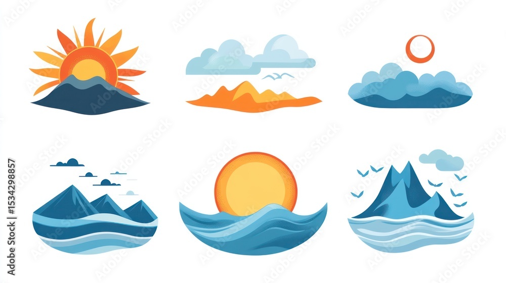 Colorful nature icons. Simple landscapes Colorful nature icons. Simple landscapes