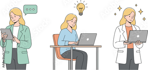 Businesswoman using tablet and laptop, creative female professional working online, digital communication, remote job, innovation, productivity, cartoon characters isolated on white background