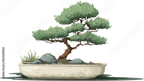 A digital painting or illustration of a bonsai tree in an oblong, light beige ceramic pot. The bonsai is an evergreen conifer with a dark reddish-brown trunk and numerous small, dense green