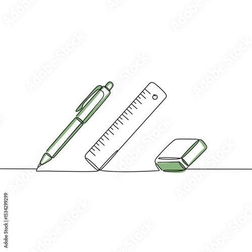 Simple line drawing of a pen, ruler, and eraser on paper  